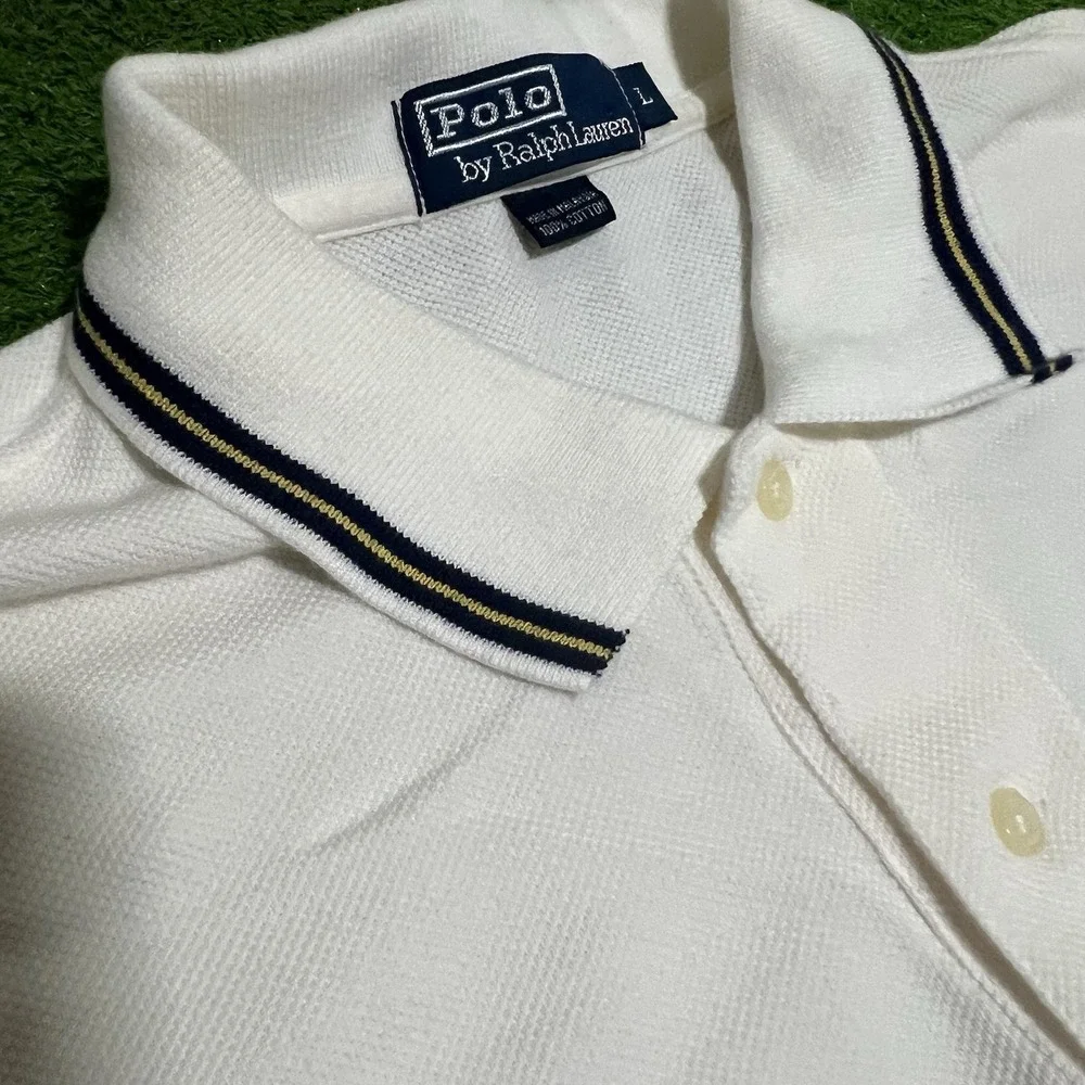 Vintage Polo Ralph Lauren Rugby Shirt L Heavy Cotton White Striped Collar Preppy